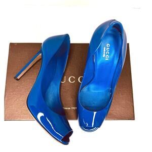 Gucci Vernice Crystal Peep Toe Pumps Ink Blue Patent Leather Heels Size 38.5
